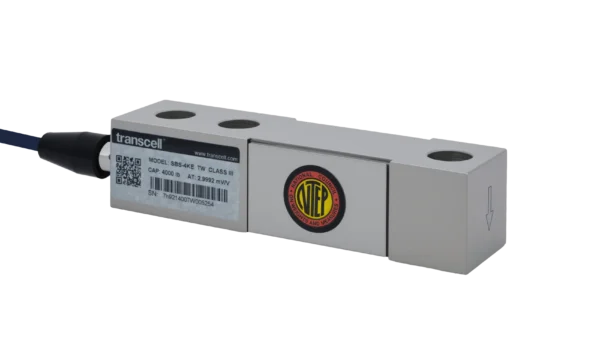 SBS shear beam load cell, three-quarter view showing cable, label and NTEP seal