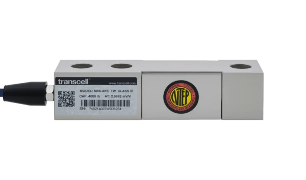 Transcell SBS single-ended shear beam load cell, front view with NTEP seal and cable